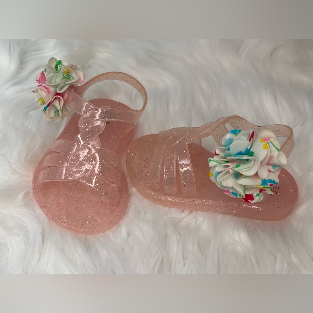 Baby’s Glittery Pink Sandals with Floral Accent